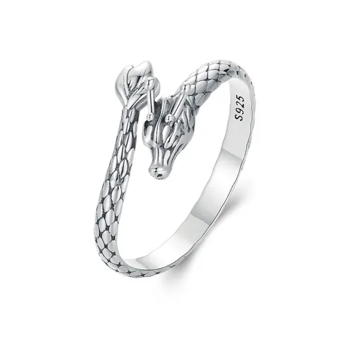 Vintage 925 Sterling Silver Dragon Coiled Open Ring For Men Women Chinese Style Retro Oxidized Animal Scale Texture Adjustable Jewelry Gift