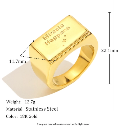 Anillo De Sello Acero Inoxidable Chapado En Oro 18K Grabado Miracle Happens Letra Estrella Cuadrado Joyería Para Mujer