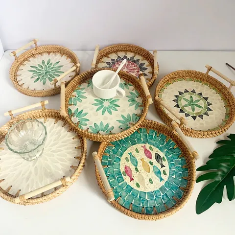 Round Rattan Woven Serving Tray With Mother Of Artificial Pearl Shell Mosaic Inlay And Wood Handles Handmade Decorative Table Basket