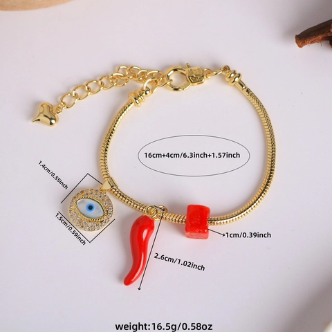 Evil Eye And Chili Pendant Snake Chain Bracelet 18K Gold Plated Copper Zircon Enamel Glass Charm Jewelry For Women