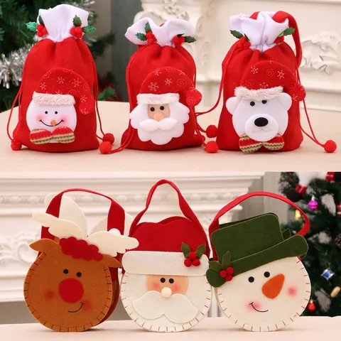 Bolsas De Regalo De Navidad Bolsas Con Cordón Bolsas De Mano Papá Noel Muñeco De Nieve Reno Oso Franela Yute Fieltro