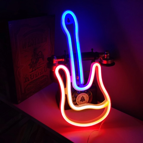 Guitar Shape LED Neon Sign Light Wall Hanging Decor Multi-color USB Battery Operated Christmas Holiday Atmosphere Lamp
