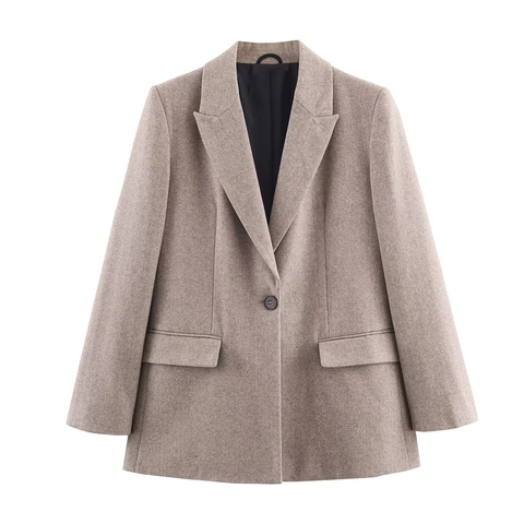Herringbone Blazer Women Long Sleeve Lapel Collar Single Button Khaki Suit Jacket Elegant Professional Outerwear