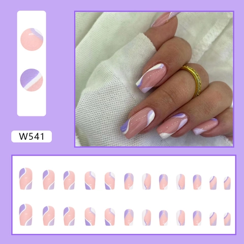 Uñas Postizas Con Diseño De Ondas Azul Púrpura Blanco Plástico ABS Forma Cuadrada Media Larga Estilo Ins Mujeres