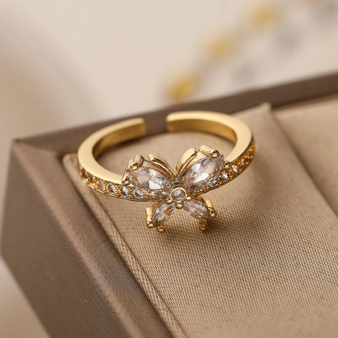 Adjustable Butterfly Geometric Wave V Shape Rings For Women Gold Plated Copper Zircon Minimalist Fashion Jewelry