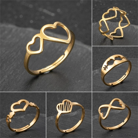 Heart Shaped Adjustable Open Rings Stainless Steel Hollow Geometric Fashion Jewelry Vintage Gift For Women Girls