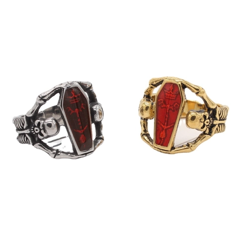 Gotische Schedel Kist Ring Voor Heren Titanium Roestvrij Staal Retro Punk Skelet Sieraden Met Rood Emaille Decor