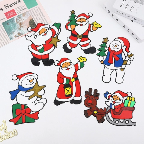 Christmas Window Stickers PVC Static Cling Cartoon Santa Snowman Reindeer With Glitter For Glass Door Wall Decoration