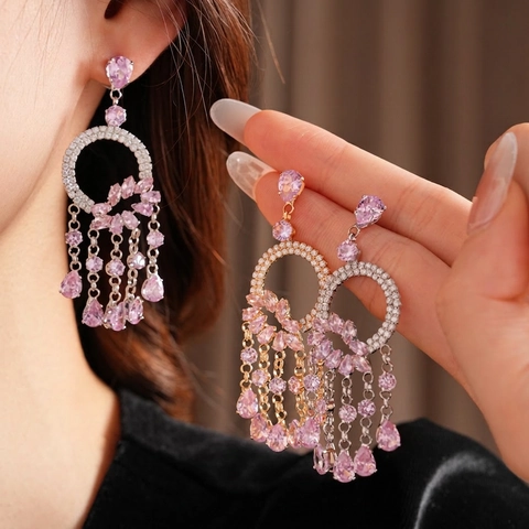 Boucles Oreilles Pendantes Style Palais Français Zircon Rose Gland Cuivre Bijoux Avec Tige En Argent Pour Femmes
