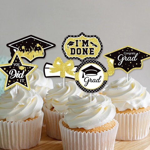 Graduation Cupcake Toppers Glitter Cardboard Black Gold Cake Picks For Celebration Ceremony Congrats Grad Graduation Decor