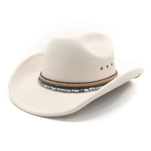 Western Cowboy Hat Felt Wide Brim Fedora Braided Leather Strap Turquoise Beads Ethnic Retro Jazz Sun Hat