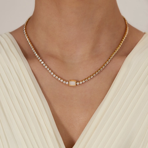 Collar De Tenis De Acero Inoxidable Chapado En Oro Con Circonitas Colgante Cuadrado De Nácar Joyería Para Mujer