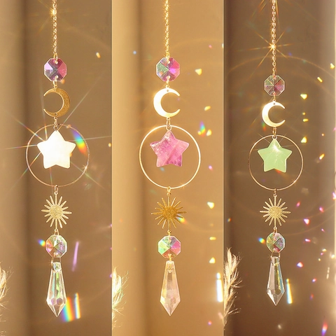 Natural Agate Crystal Suncatcher Star Moon Sun Prism Hanging Ornament Window Garden Home Decor Rainbow Maker Light Catcher