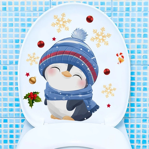 Christmas Toilet Lid Stickers Cartoon Dog Penguin Reindeer PVC Waterproof Self Adhesive Wall Decals Bathroom Festive Decor