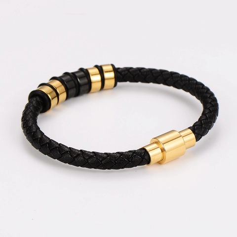 Herren Geflochtenes Lederarmband 304 Edelstahl Magnetverschluss Retro Einfaches Armband 18K Vergoldeter Schmuck