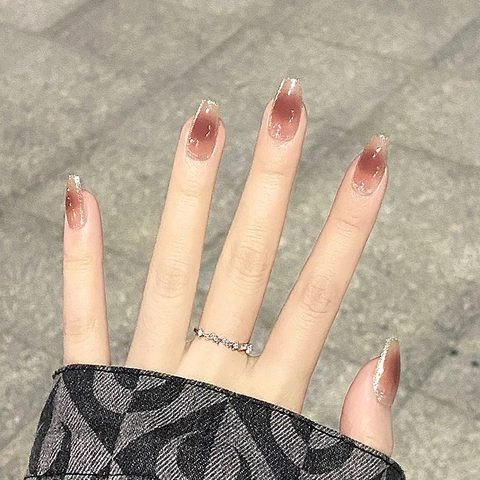 Red Brown Gradient Blush Press On Nails Short Coffin Artificial Finger Nails With Gold Glitter Glossy For Women