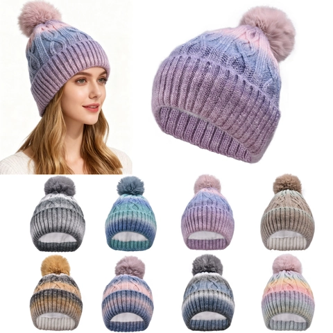 Acryl Strickmuetze Beanie Farbverlauf Zopfmuster Fleecegefuettert Mit Kunstfell Bommel Winter Warm Winddicht