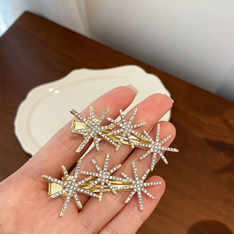 Ster Rhinestone Haarclip Legering Goud Zijclip Eendenbek Clip Elegant Haarstyling Accessoires Vrouwen