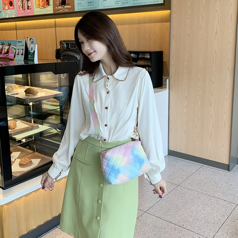 Quilted Crossbody Bag PU Leather Rainbow Gradient Wide Adjustable Strap Fashion Streetwear For Women