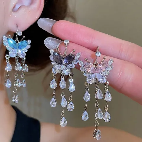 Schmetterling Quasten Ohrhänger Zirkon Kupfer Mit Silbernem Ohrstecker Lange Wassertropfen Anhänger Modeschmuck Damen