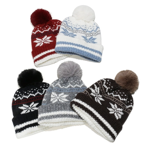 Berretto A Maglia Di Natale Acrilico Jacquard Fiocco Di Neve Inverno Caldo Pompon Risvolto Copricapo Per Donne Uomini