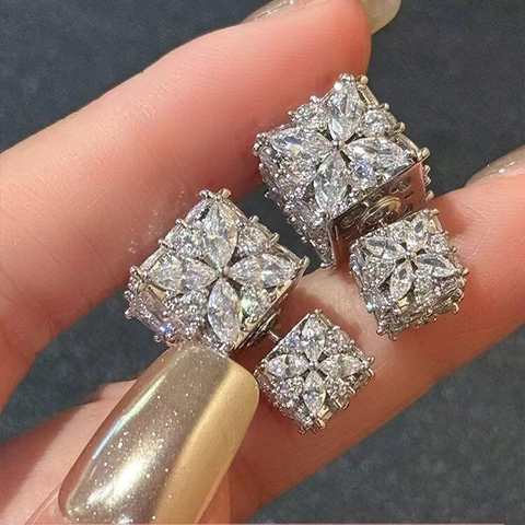 Square Zircon Stud Earrings Alloy Sparkling Elegant Versatile Cluster With Silver Earring Post For Women Luxury Jewelry