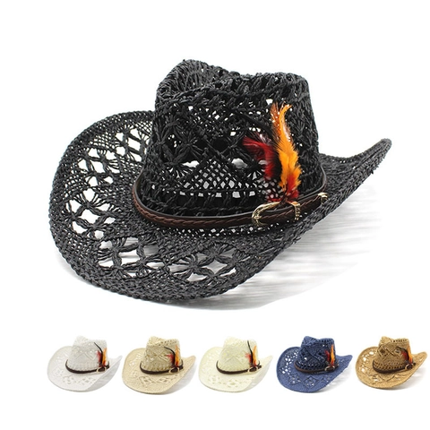 Western Cowboy Hat Hollow Paper Straw Sun Protection Beach Vacation Ethnic Style For Women With Leather Band Feather
