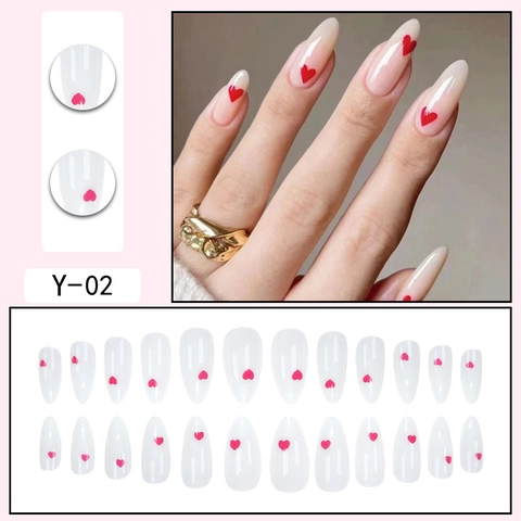 Uñas Postizas De Almendra Larga Con Patrón De Corazón Rosa Nude Manicura Brillante Diseño Elegante