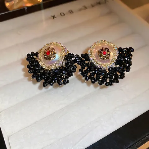 Orecchini A Lobo Fiori Vintage Con Perno In Argento Sterling 925 Perline Di Cristallo Nere Perla Artificial Sintetica Stile Barocco Francese