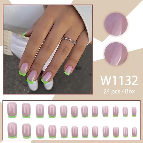 Unghie Finte Press On Francesi Punte Verdi Acrilico Rosa Nude Quadrato Elegante Minimalista