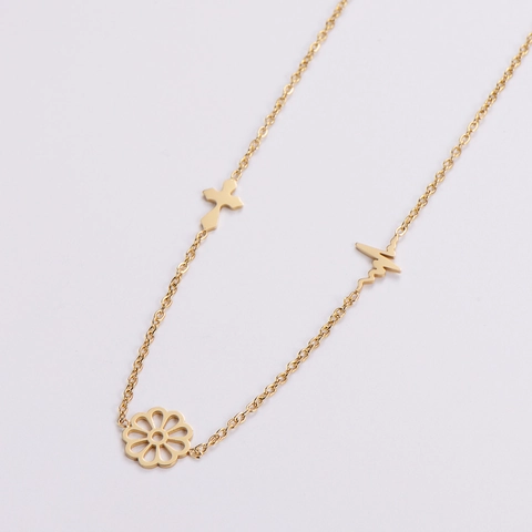 Collier Femme En Acier Inoxydable 316L Plaqué Or 18K Avec Pendentifs Fleur Ajourée Croix Battement De Coeur Bijoux