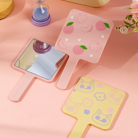 Square Handheld Makeup Mirror Portable Cute Cartoon Cat Peach Print Plastic Frame HD Glass Vanity Tool For Travel