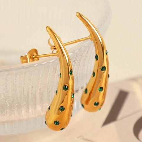18K Vergoldete Edelstahl Gebogene Tropfen Ohrstecker Mit Strasssteinen Leicht Luxus Elegant Damen Mode
