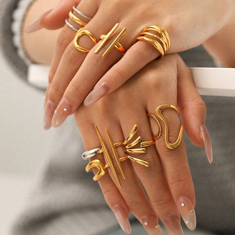 Irregular Geometric Line Open Rings Stainless Steel Non-Fading Minimalist Jewelry For Women