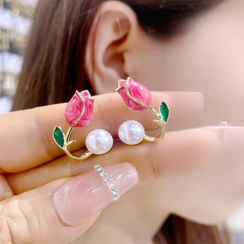 Versatile Pink Tulip Enamel Stud Earrings With White Faux Artificial Pearl Alloy Gold Plated Floral Sweet Jewelry For Women