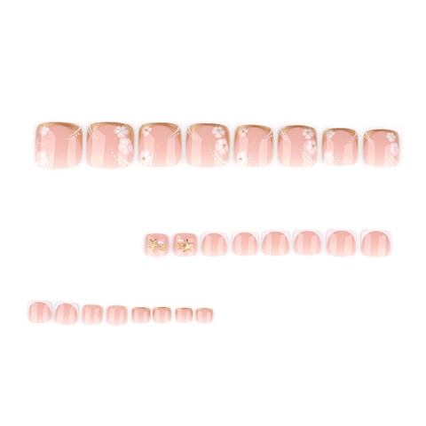Künstliche Fußnägel French Style Goldene Linie Weiße Blume Künstliche Perle Seestern Dekor Rosa Verlauf Quadratische Falsche Nägel