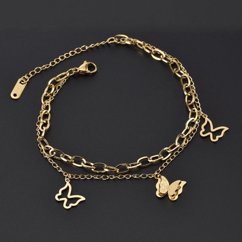 Double Layer Stainless Steel Bracelet With Hollow And Matte Butterfly Charms For Women Adjustable Fashion Jewelry