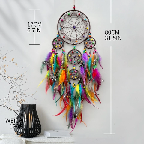 Bohemian Dream Catcher Wall Hanging Decor Handmade Ethnic Feather Wooden Beads Large Rings Ornament For Home Bedroom