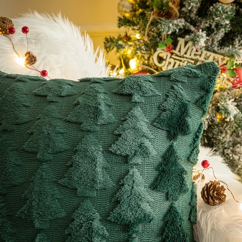 Housse De Coussin De Noël Peluche Brodée Douce 3D Sapin De Noël Flocon De Neige Renne Coussin Pour Canapé Maison