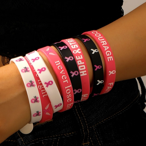 Breast Cancer Awareness Silicone Bracelet Pink Ribbon Hope Strength Courage Motivational Rubber Wristband Women Charity Jewelry