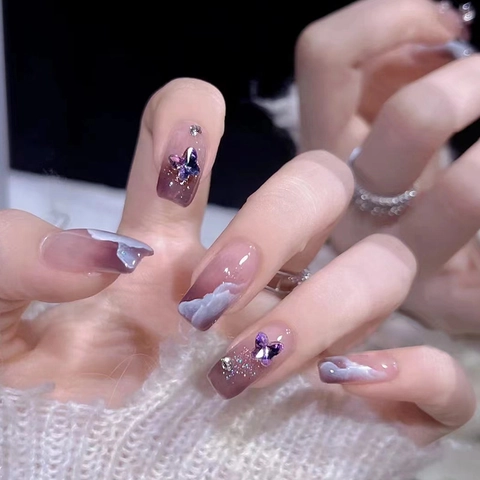 Press On Nagels Paars Gradiënt Lange Trapezium Balletvorm Vlinder Rijnsteen Vlek Laser Glitter Elegant Vrouwen