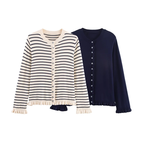 Dames Gebreide Cardigan Gestreepte Effen Lange Mouwen Ruches Enkele Rij Knoppen Ronde Hals Casual Sweater Top