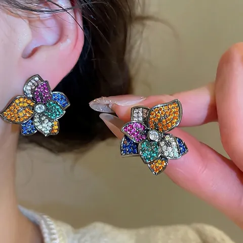 Colorful Zircon Flower Stud Earrings With 925 Sterling Silver Earring Post Vintage Luxury Copper Jewelry For Women