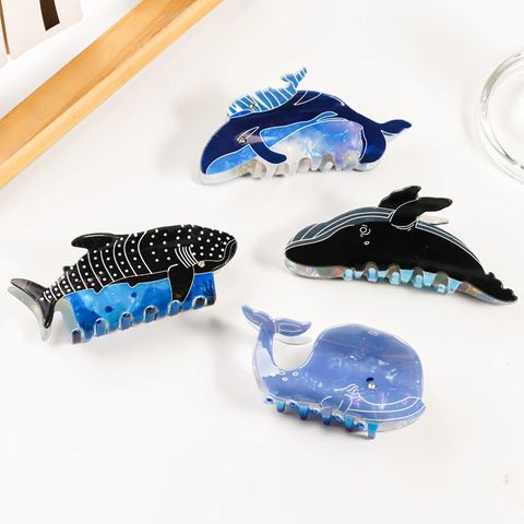 Whale Shark Dolphin Hair Claw Clip Sea Animal Acetate Marbled Blue Ocean Style Hair Grip For Women Girls Unique