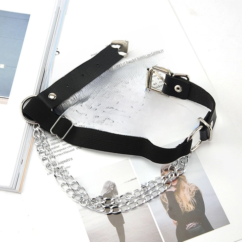 Liga Gótica Punk de Cuero PU Negro Con Cadenas de Metal Dobles Decoración de Corazón Anello de Pierna Ajustable Accesorios JK Mujer