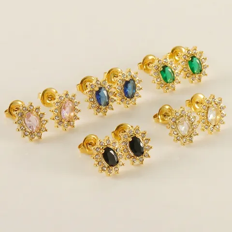 Orecchini A Lobo Halo Girasole Acciaio Inossidabile Placcato Oro 18K Zircone Ovale Gioielli Di Lusso Per Donne