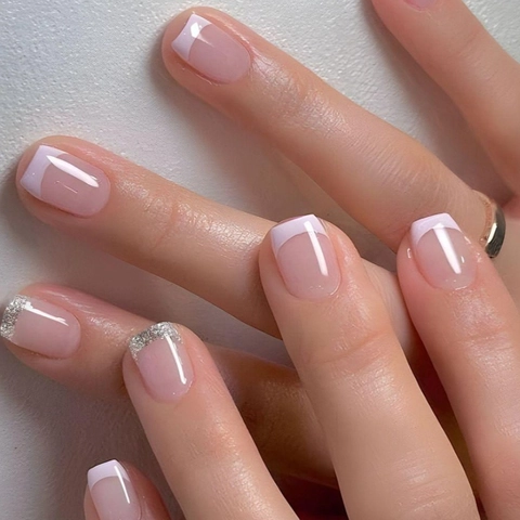 French Press On Nails Nude Pink White Tips Silver Glitter Square Round Short False Nails For Women Manicure Art