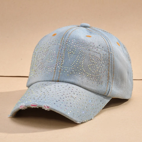 Rhinestone Denim Baseball Cap Love Letter Distressed Washed Outdoor Sun Protection Vintage Fashion Unisex Adjustable Hat