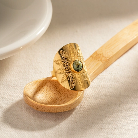 Bohemian Wide Ring 18K Gold Plated Stainless Steel Green Stone Carved Leaf Texture Adjustable Vintage Women Jewelry