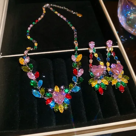 Bunter Zirkon Herz Blatt Schmuck Für Frauen Halskette Und Ohrringe Mit 925 Sterling Silber Ohrring Stecker Kupfer Luxus